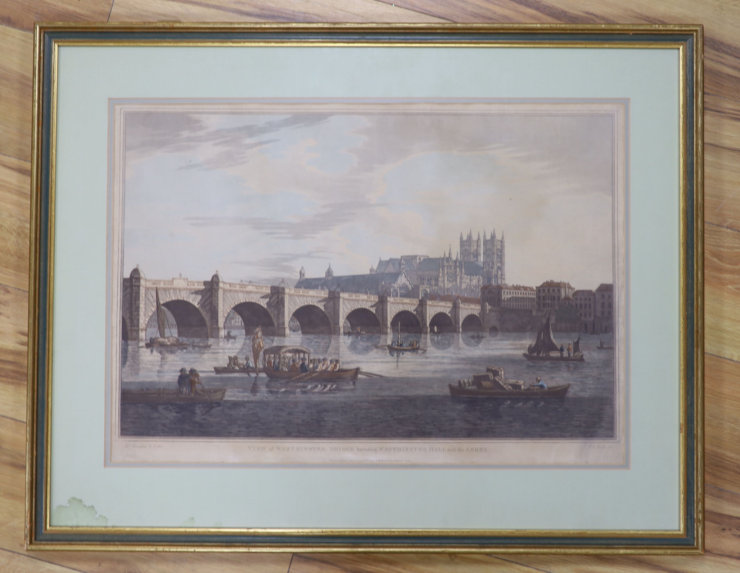 Stadler after Farington, coloured aquatint, Westminster Bridge including Westminster Hall and Abbey, overall 45 x 64cm